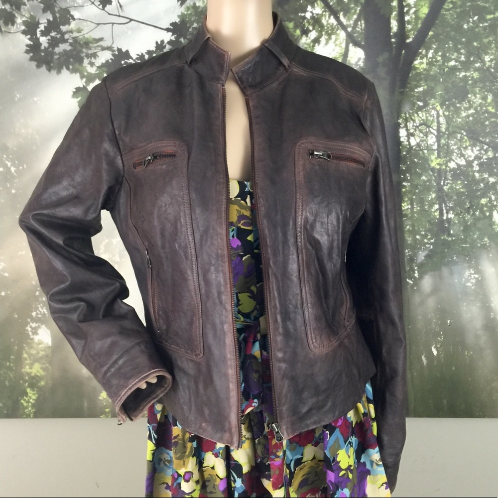 Brown Leather Jacket Black Rivet Zipup Coat